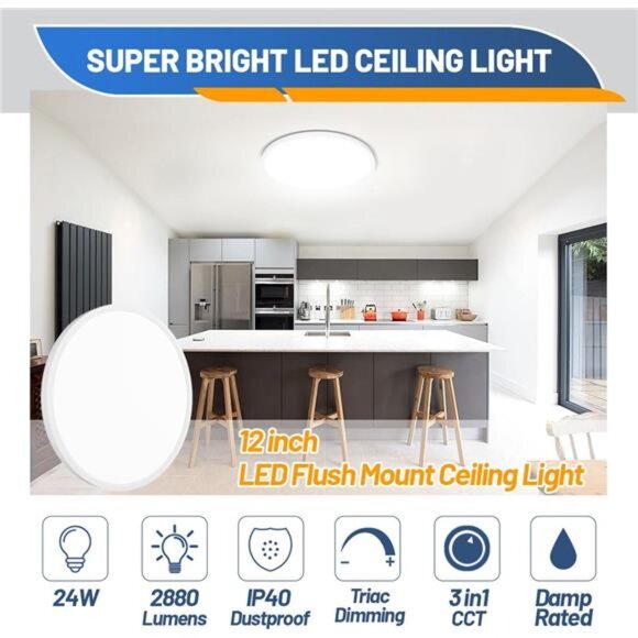 LED Flush Mount Ceiling Light Fixture, 12inch 24W 2880lm CCT 3000K/4000K/6500K - Picture 2 of 6